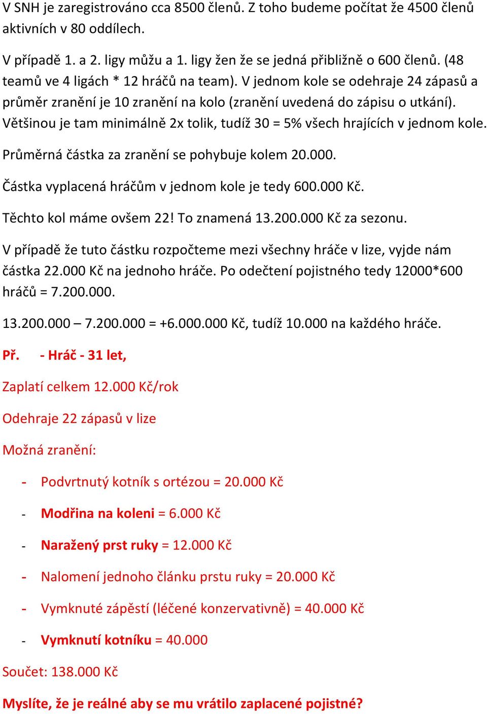 Většinou je tam minimálně 2x tolik, tudíž 30 = 5% všech hrajících v jednom kole. Průměrná částka za zranění se pohybuje kolem 20.000. Částka vyplacená hráčům v jednom kole je tedy 600.000 Kč.