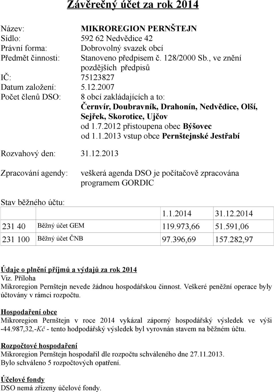 1.2013 vstup obce Pernštejnské Jestřabí Rozvahový den: 31.12.2013 Zpracování agendy: veškerá agenda DSO je počítačově zpracována programem GORDIC Stav běžného účtu: 1.1.2014 31.12.2014 231 40 Běžný účet GEM 119.