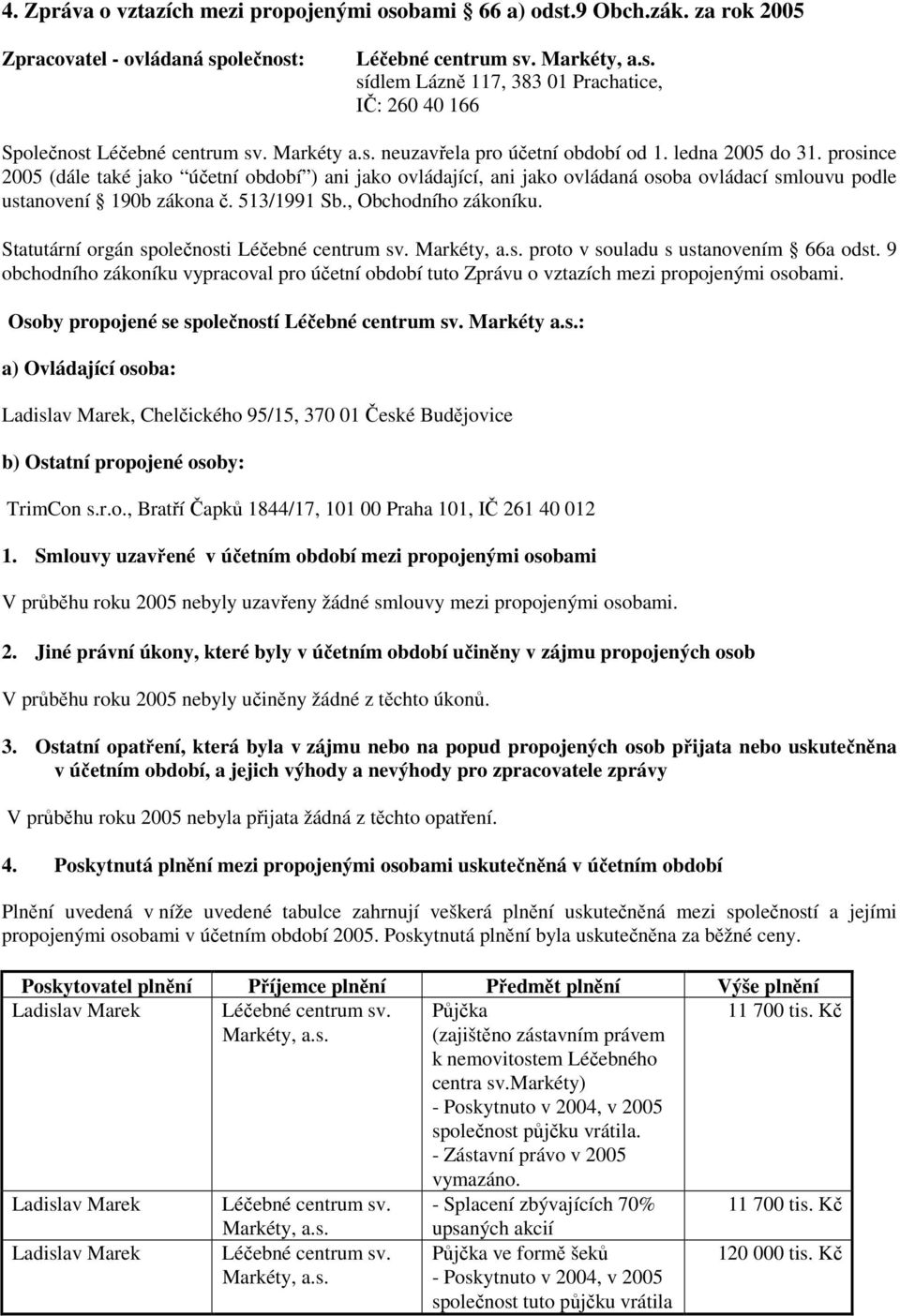 prosince 2005 (dále také jako účetní období ) ani jako ovládající, ani jako ovládaná osoba ovládací smlouvu podle ustanovení 190b zákona č. 513/1991 Sb., Obchodního zákoníku.