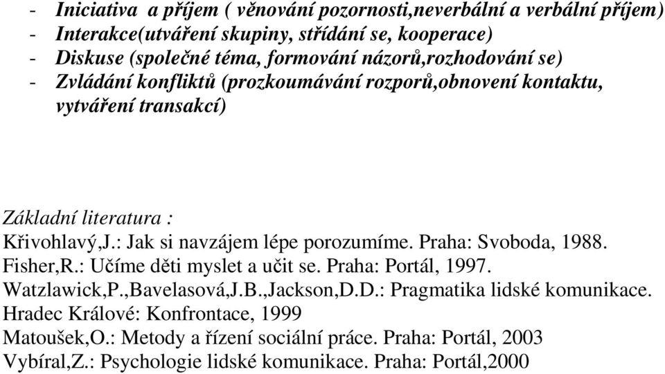 : Jak si navzájem lépe porozumíme. Praha: Svoboda, 1988. Fisher,R.: Učíme děti myslet a učit se. Praha: Portál, 1997. Watzlawick,P.,Bavelasová,J.B.,Jackson,D.