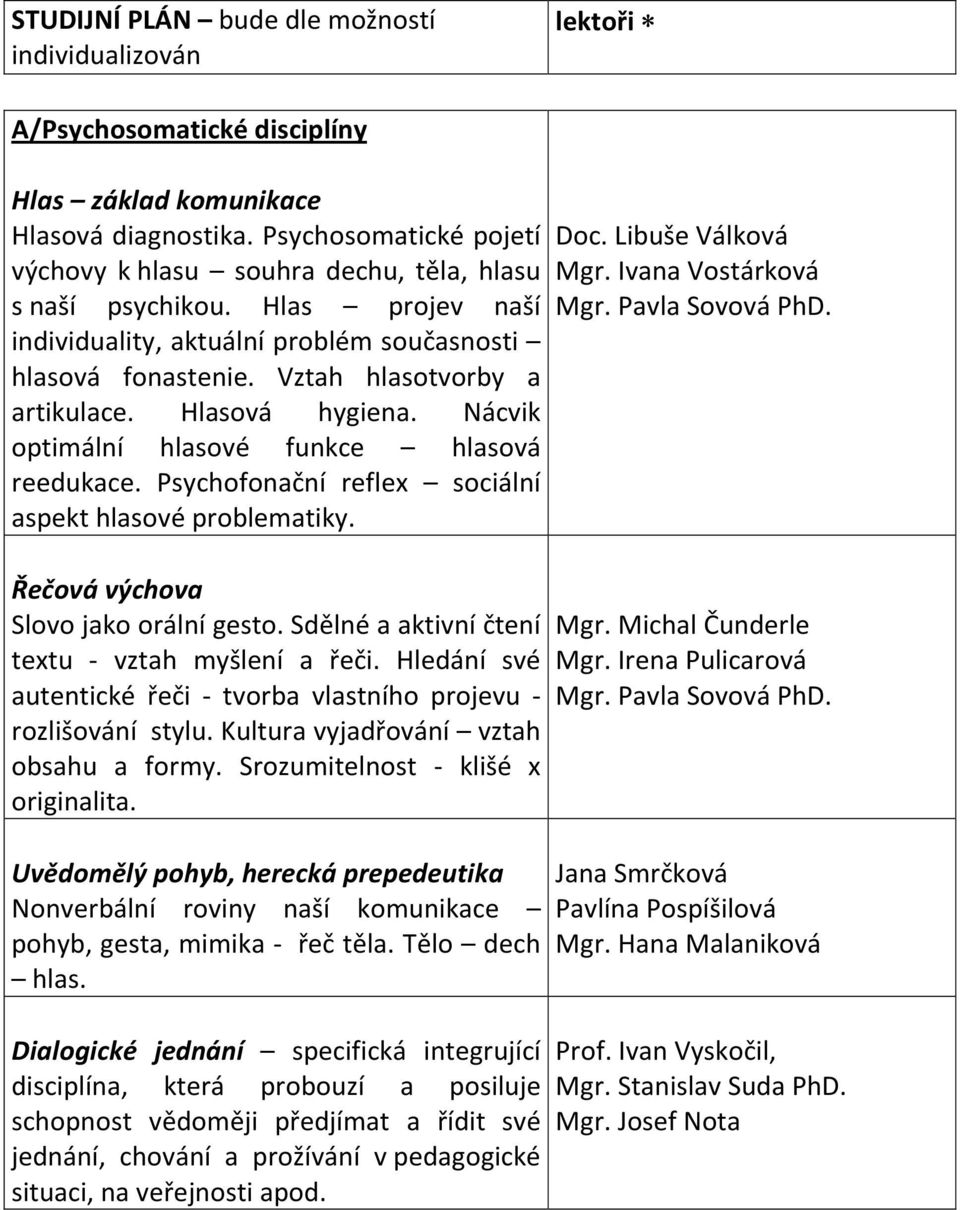 Hlasová hygiena. Nácvik optimální hlasové funkce hlasová reedukace. Psychofonační reflex sociální aspekt hlasové problematiky. Řečová výchova Slovo jako orální gesto.