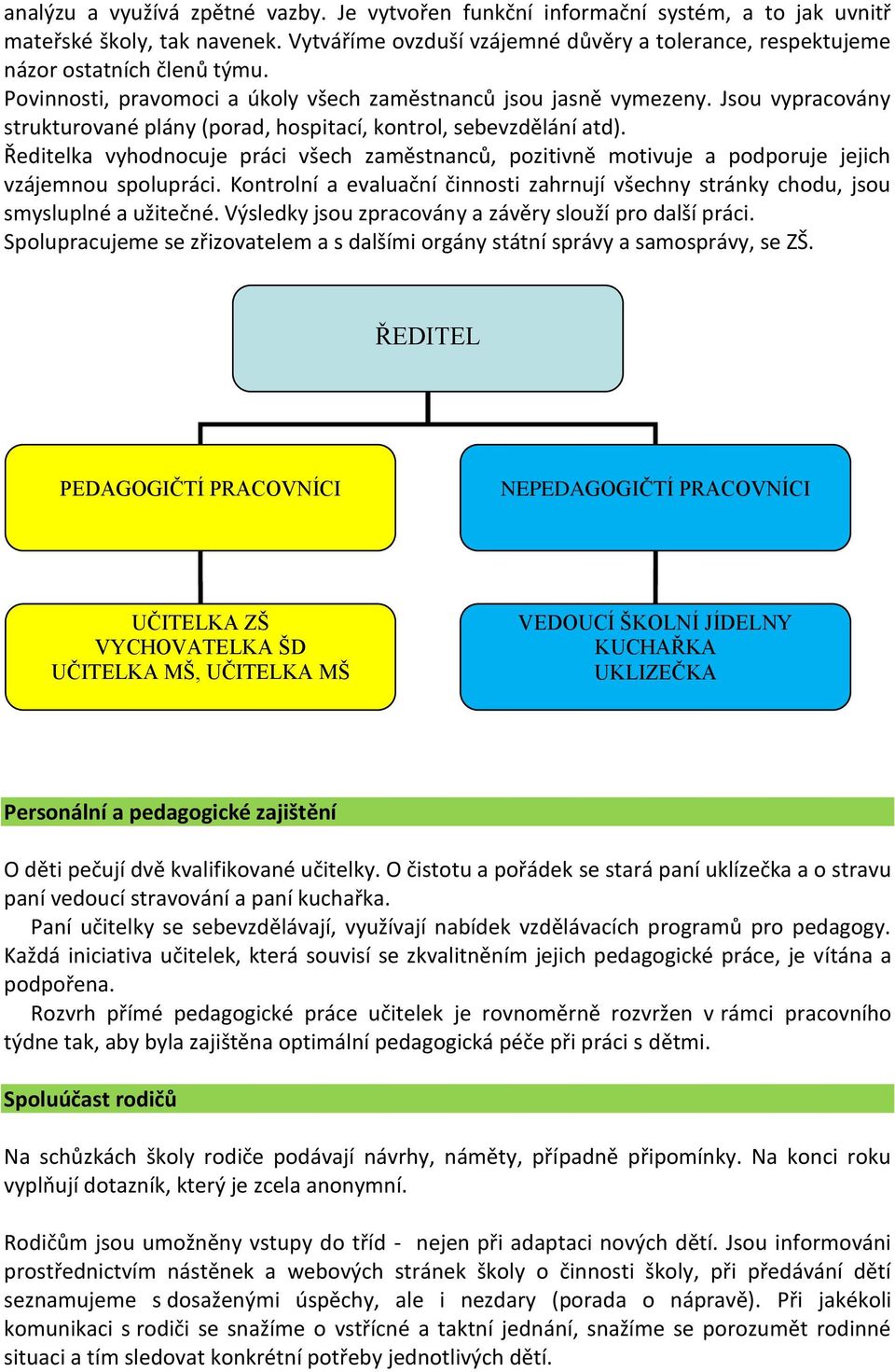 Jsou vypracovány strukturované plány (porad, hospitací, kontrol, sebevzdělání atd). Ředitelka vyhodnocuje práci všech zaměstnanců, pozitivně motivuje a podporuje jejich vzájemnou spolupráci.