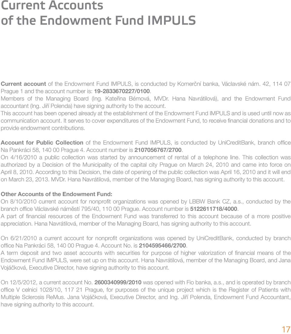 Jiří Polenda) have signing authority to the account. This account has been opened already at the establishment of the Endowment Fund IMPULS and is used until now as communication account.