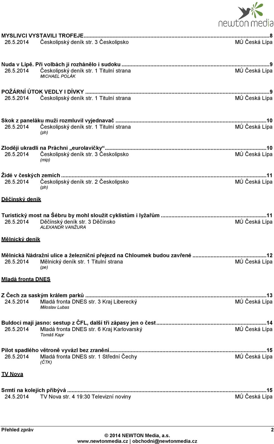 .. 10 26.5.2014 Českolipský deník str. 3 Českolipsko MÚ Česká Lípa (mip) Židé v českých zemích... 11 26.5.2014 Českolipský deník str. 2 Českolipsko MÚ Česká Lípa (ph) Děčínský deník Turistický most na Šébru by mohl sloužit cyklistům i lyžařům.