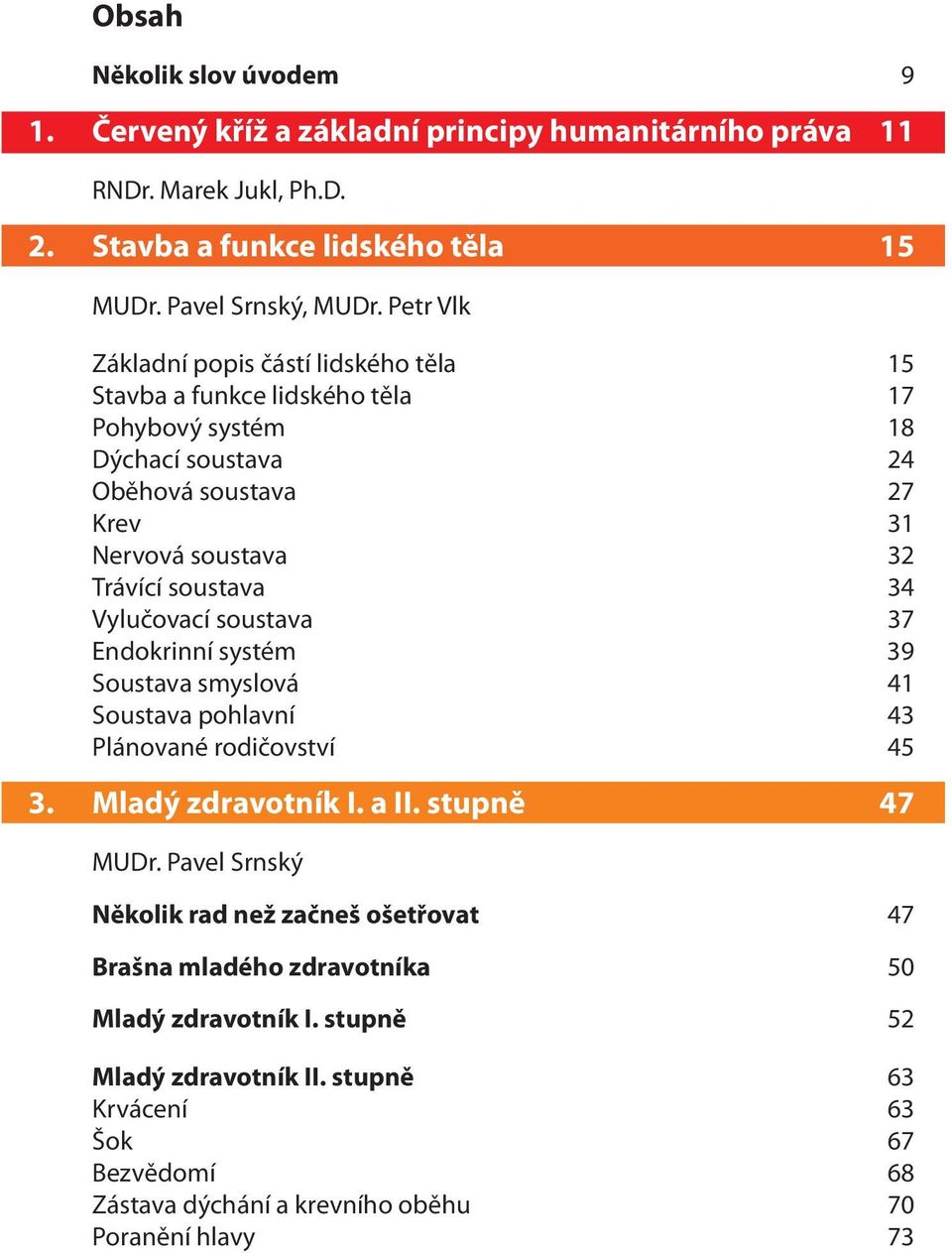 34 Vylučovací soustava 37 Endokrinní systém 39 Soustava smyslová 41 Soustava pohlavní 43 Plánované rodičovství 45 3. Mladý zdravotník I. a II. stupně 47 MUDr.