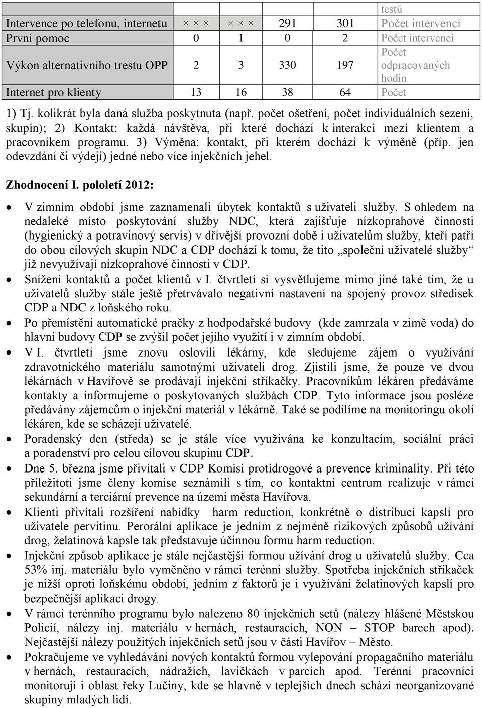 počet ošetření, počet individuálních sezení, skupin); 2) Kontakt: každá návštěva, při které dochází k interakci mezi klientem a pracovníkem programu.