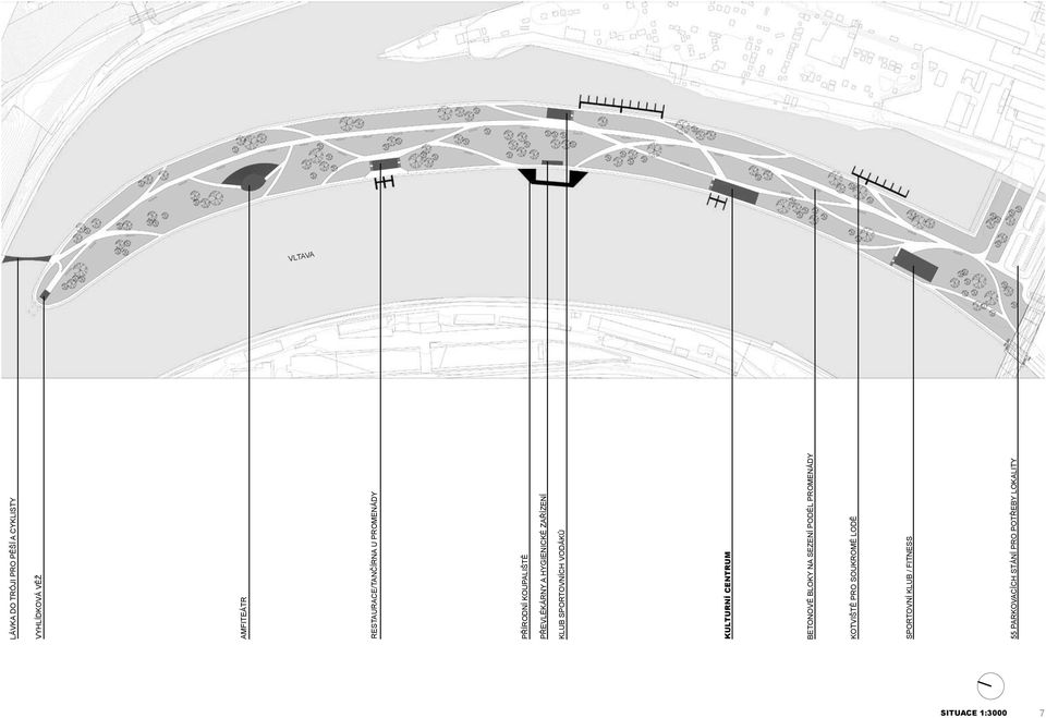 VODÁKŮ KULTURNÍ CENTRUM BETONOVÉ BLOKY NA SEZENÍ PODÉL PROMENÁDY KOTVIŠTĚ PRO SOUKROMÉ