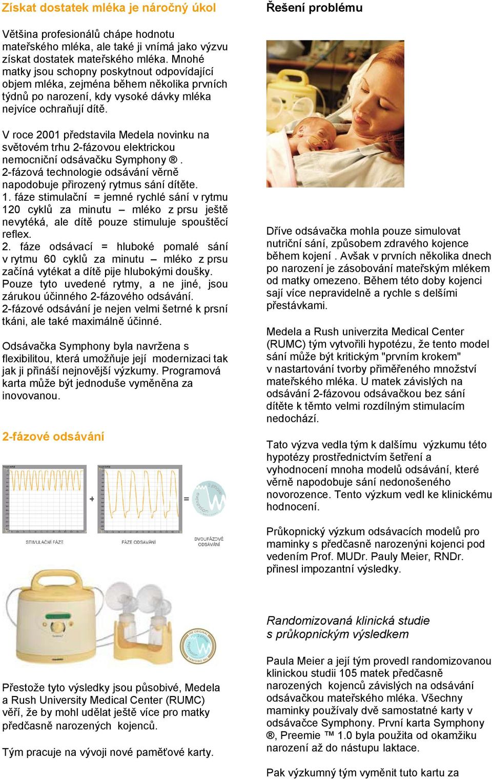 V roce 2001 představila Medela novinku na světovém trhu 2-fázovou elektrickou nemocniční odsávačku Symphony. 2-fázová technologie odsávání věrně napodobuje přirozený rytmus sání dítěte. 1.