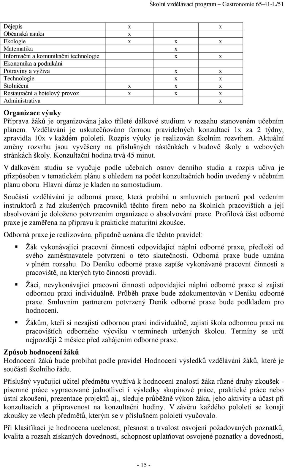 Vzdělávání je uskutečňováno formou pravidelných konzultací 1x za 2 týdny, zpravidla 10x v každém pololetí. Rozpis výuky je realizován školním rozvrhem.