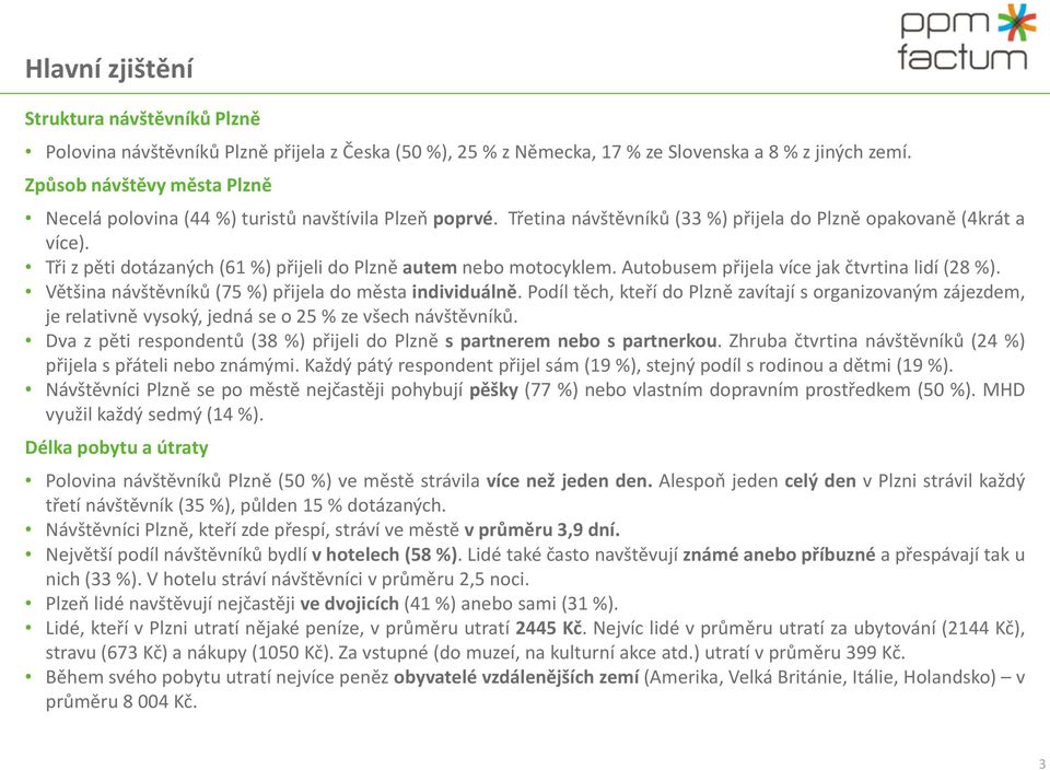 Tři z pěti dotázaných (6 %) přijeli do Plzně autem nebo motocyklem. Autobusem přijela více jak čtvrtina lidí (8 %). Většina návštěvníků (7 %) přijela do města individuálně.