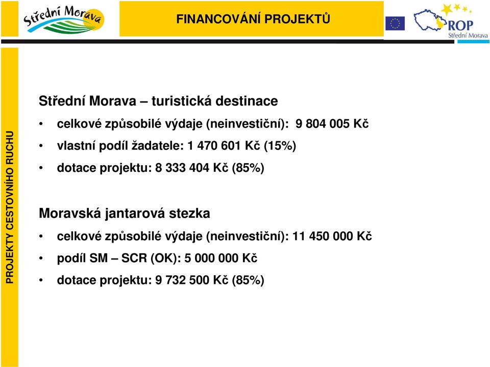 projektu: 8 333 404 Kč (85%) Moravská jantarová stezka celkové způsobilé výdaje