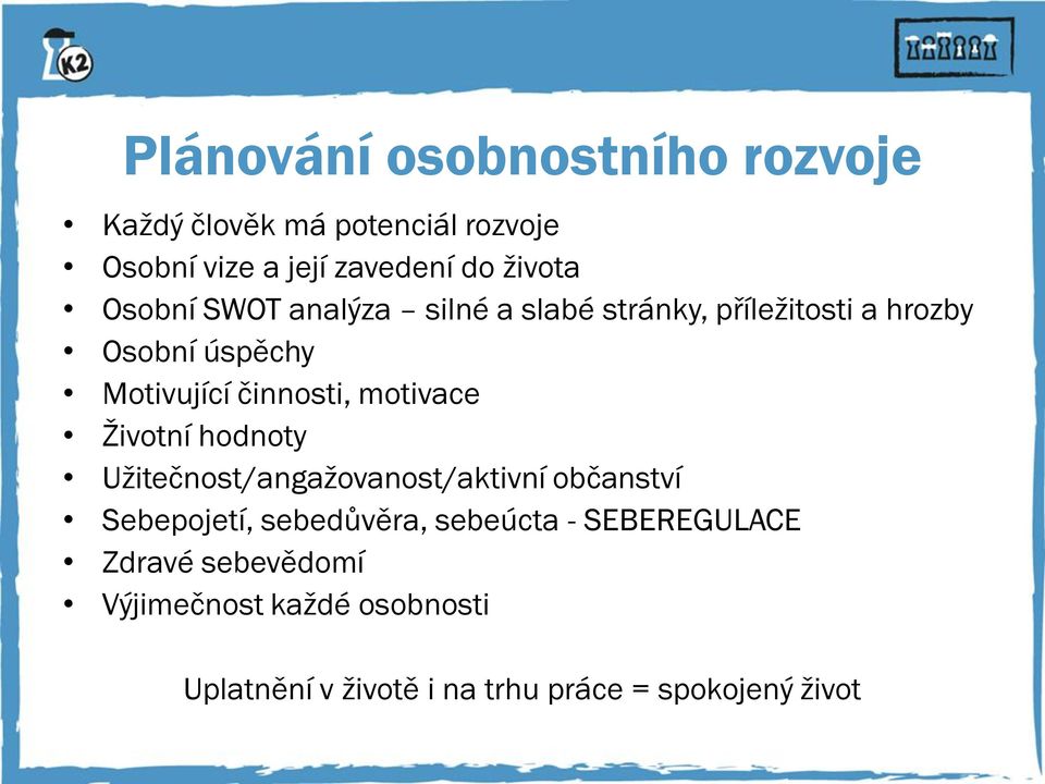 motivace Životní hodnoty Užitečnost/angažovanost/aktivní občanství Sebepojetí, sebedůvěra, sebeúcta -