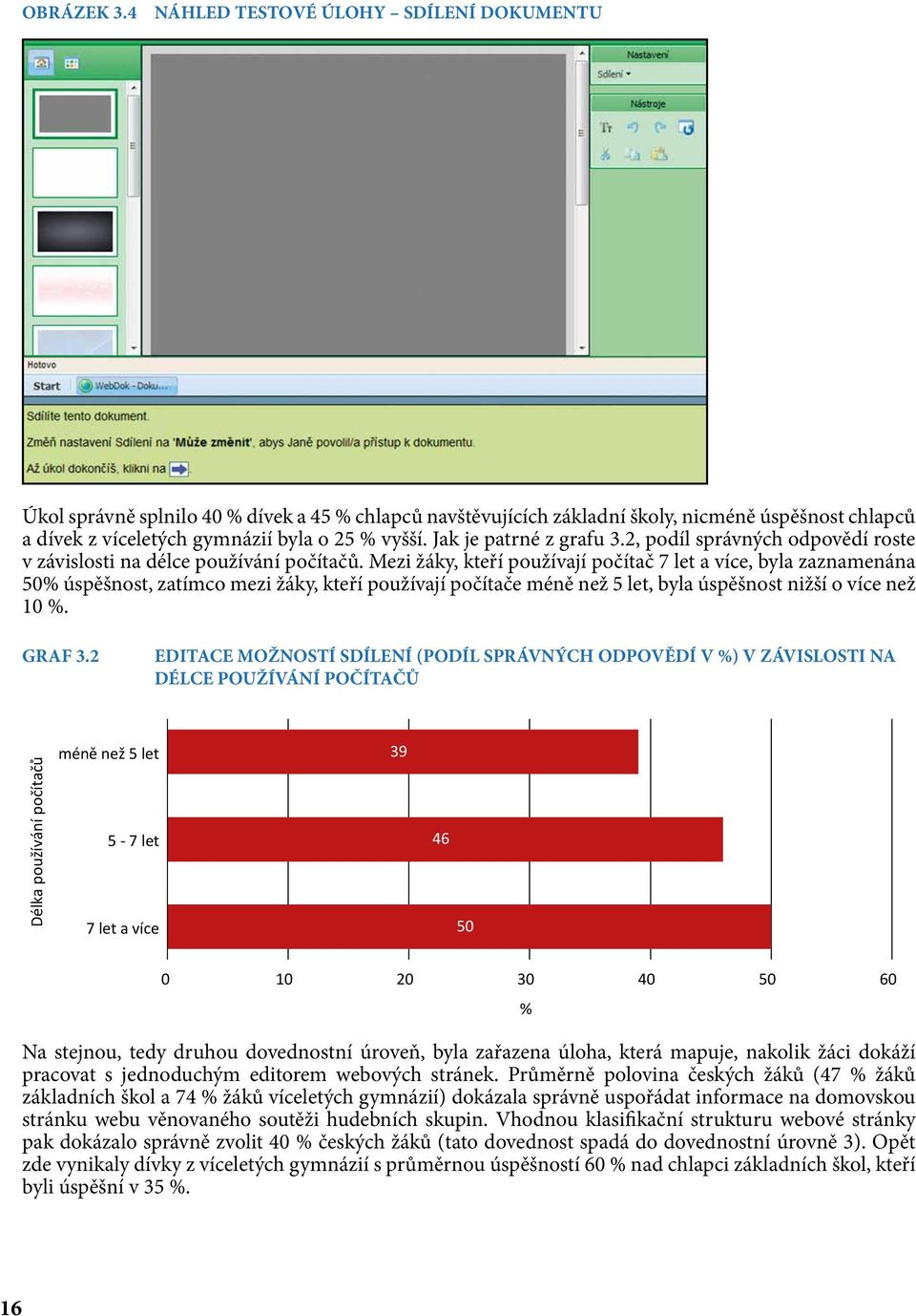 Jak je patrné z grafu 3.2, podíl správných odpovědí roste v závislosti na délce používání počítačů.