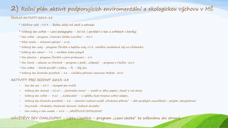 4. návštěva Solné jeskyně * Den ptactva program Človíček a jarní probouzení 2.4. * Den Země exkurze na Ostrůvek program o půdě, Odpady program z Pasíček -22.