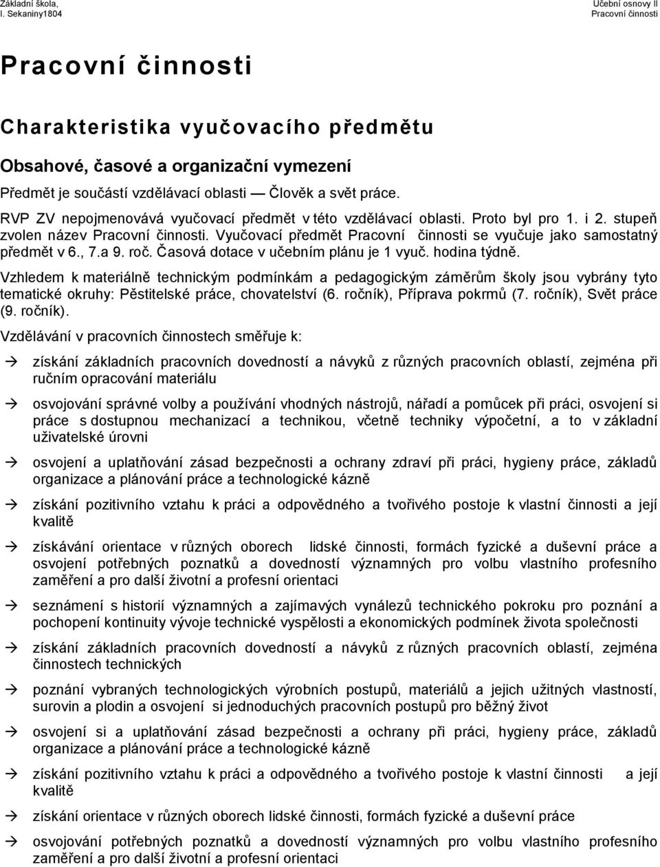 Vyučovací předmět Pracovní činnosti se vyučuje jako samostatný předmět v 6., 7.a 9. roč. Časová dotace v učebním plánu je 1 vyuč. hodina týdně.