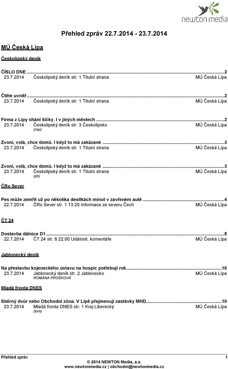 I když to má zakázané... 3 23.7.2014 Českolipský deník str. 1 Titulní strana (ph) ČRo Sever Pes může zemřít už po několika desítkách minut v zavřeném autě... 4 22.7.2014 ČRo Sever str.