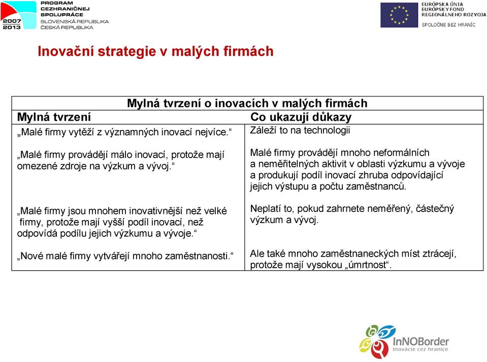 Malé firmy jsou mnohem inovativnější než velké firmy, protože mají vyšší podíl inovací, než odpovídá podílu jejich výzkumu a vývoje. Nové malé firmy vytvářejí mnoho zaměstnanosti.