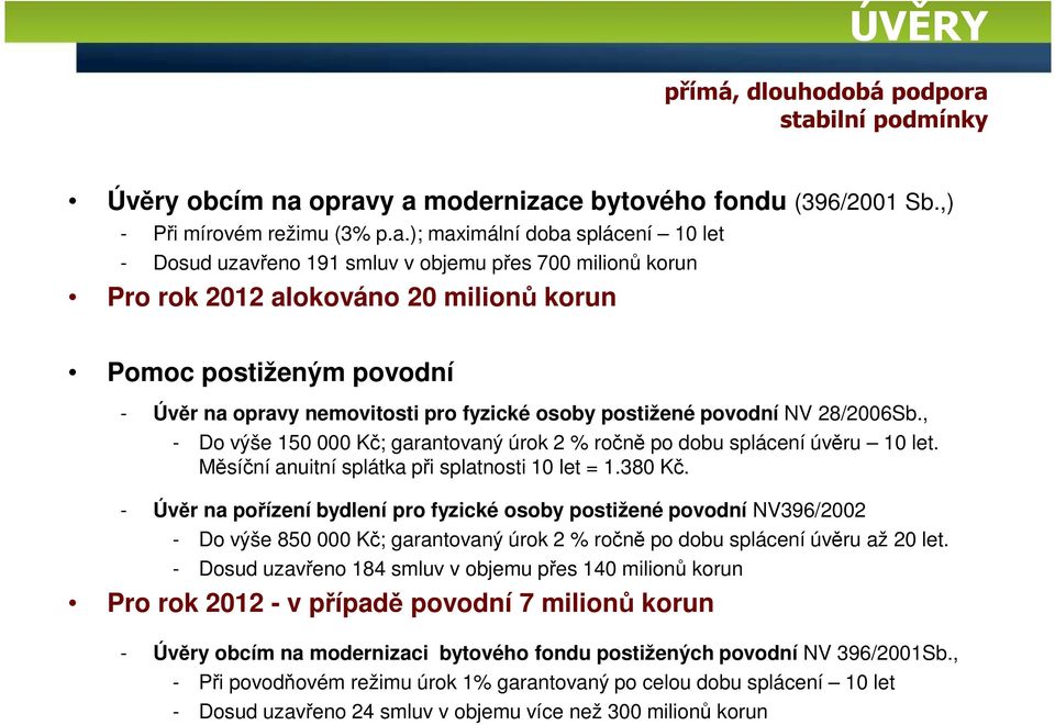 milionů korun Pro rok 2012 alokováno 20 milionů korun Pomoc postiženým povodní - Úvěr na opravy nemovitosti pro fyzické osoby postižené povodní NV 28/2006Sb.