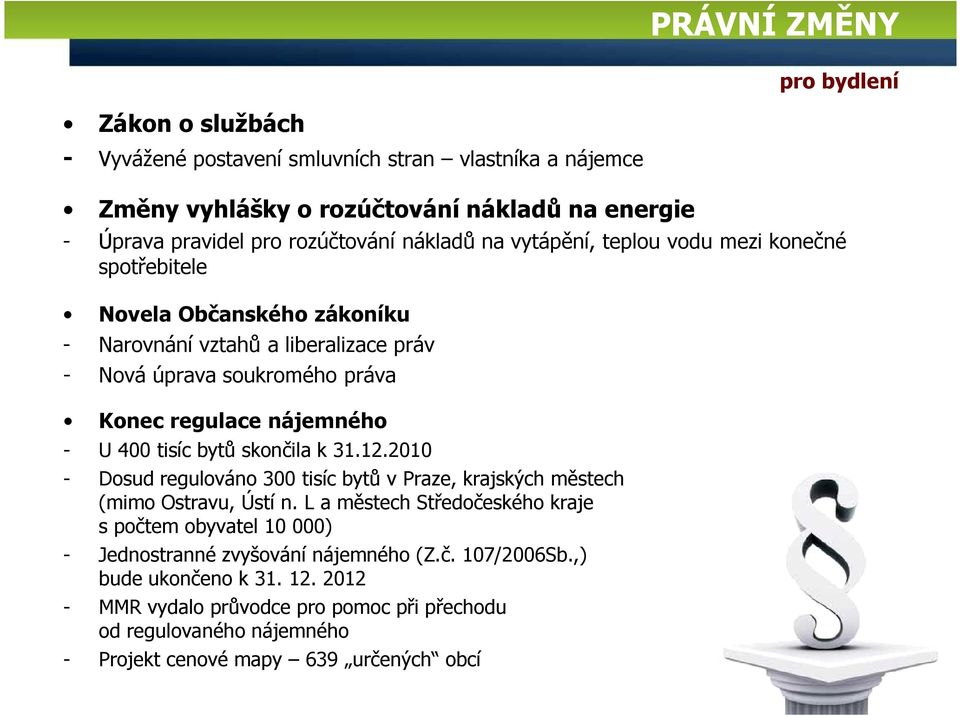 400 tisíc bytů skončila k 31.12.2010 - Dosud regulováno 300 tisíc bytů v Praze, krajských městech (mimo Ostravu, Ústí n.