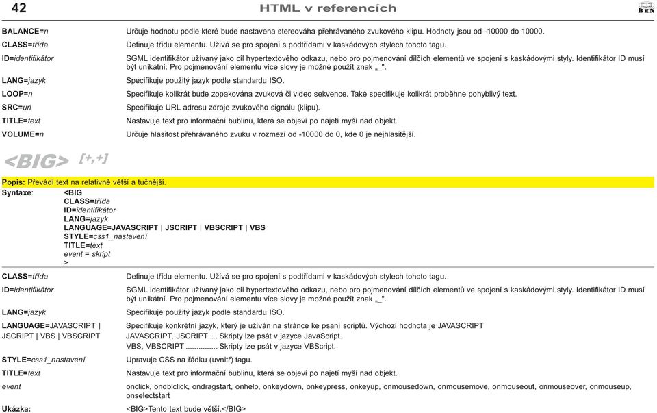 do 0, kde 0 je nejhlasitìjší <BIG [+,+] Popis: Pøevádí text na relativnì vìtší a tuènìjší Syntaxe: <BIG LANGUAGE=JAVASCRIPT Specifikuje konkrétní jazyk, který je užíván na stránce ke psaní scriptù