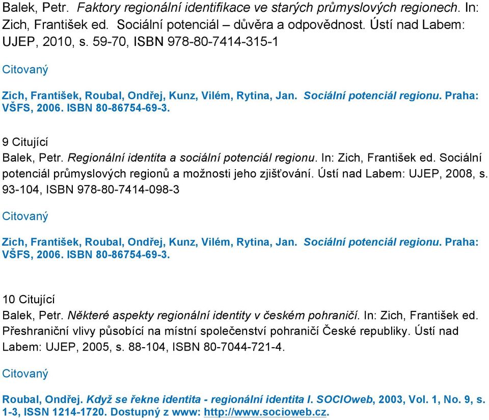 Regionální identita a sociální potenciál regionu. In: Zich, František ed. Sociální potenciál průmyslových regionů a možnosti jeho zjišťování. Ústí nad Labem: UJEP, 2008, s.