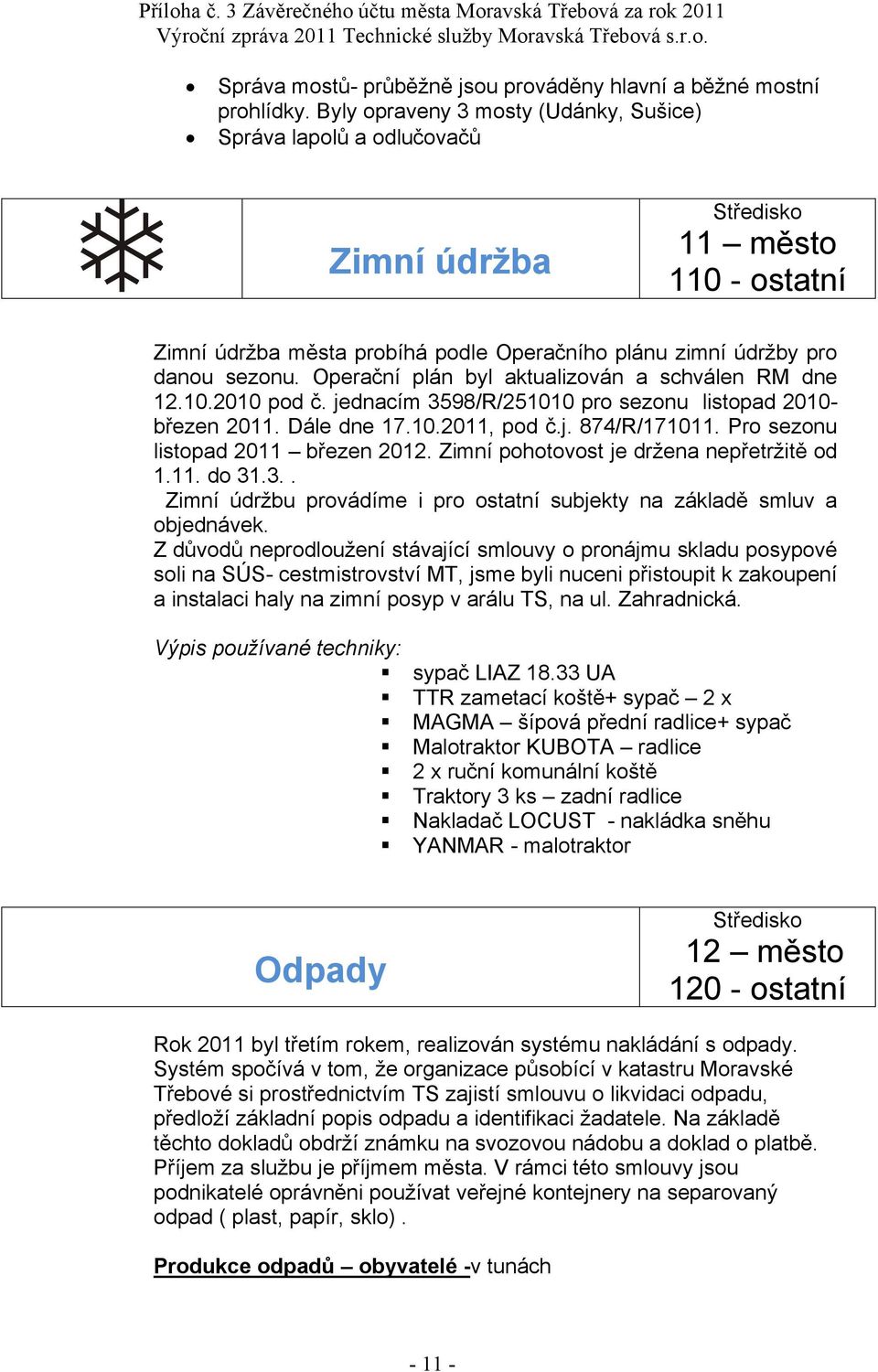 Operační plán byl aktualizován a schválen RM dne 12.1.21 pod č. jednacím 3598/R/2511 pro sezonu listopad 21březen 211. Dále dne 17.1.211, pod č.j. 874/R/17111. Pro sezonu listopad 211 březen 212.