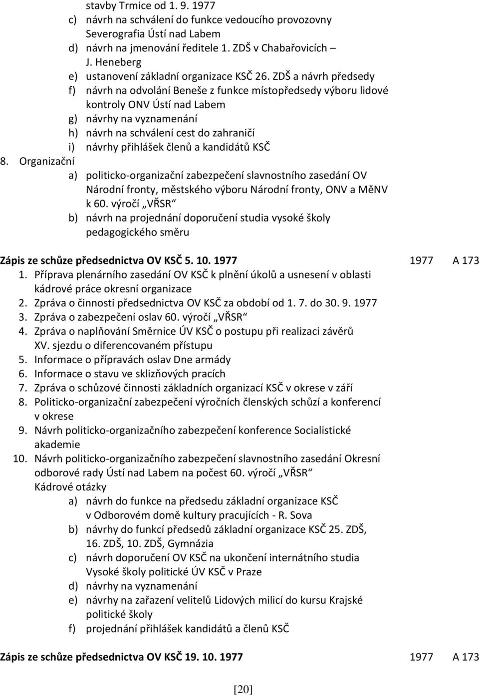 ZDŠ a návrh předsedy f) návrh na odvolání Beneše z funkce místopředsedy výboru lidové kontroly ONV Ústí nad Labem g) návrhy na vyznamenání h) návrh na schválení cest do zahraničí i) návrhy přihlášek