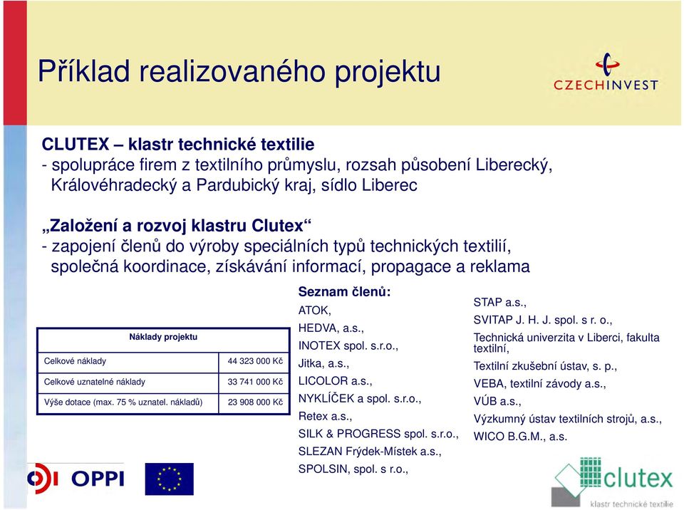 náklady Výše dotace (max. 75 % uznatel. nákladů) 44 323 000 Kč 33 741 000 Kč 23 908 000 Kč Seznam členů: ATOK, HEDVA, a.s., INOTEX spol. s.r.o., Jitka, a.s., LICOLOR a.s., NYKLÍČEK a spol. s.r.o., Retex a.