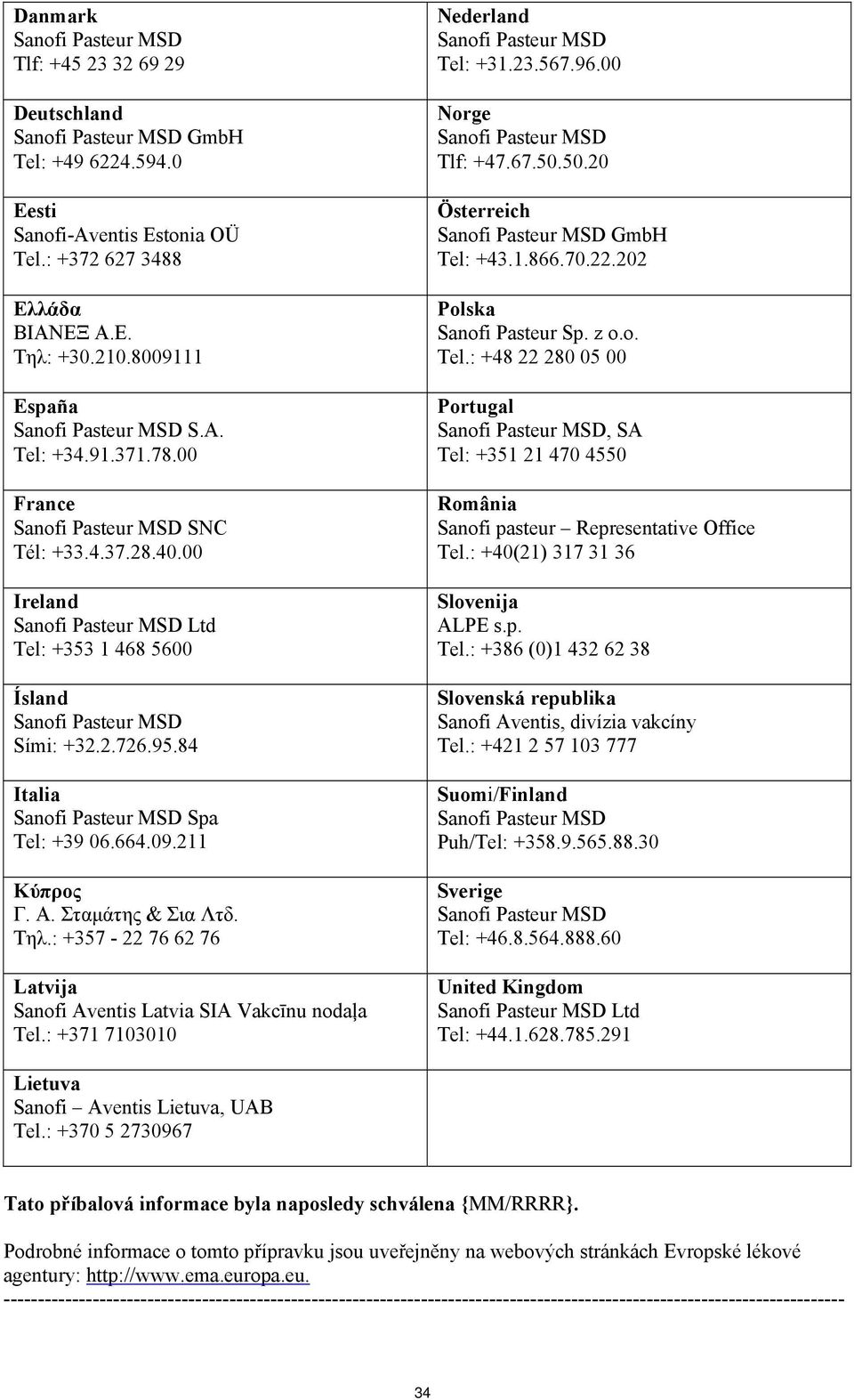 : +357-22 76 62 76 Latvija Sanofi Aventis Latvia SIA Vakcīnu nodaļa Tel.: +371 7103010 Nederland Tel: +31.23.567.96.00 Norge Tlf: +47.67.50.50.20 Österreich GmbH Tel: +43.1.866.70.22.202 Polska Sanofi Pasteur Sp.