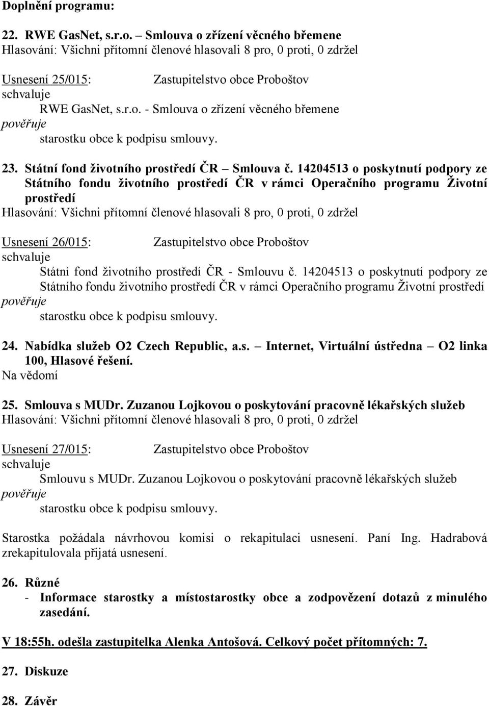 14204513 o poskytnutí podpory ze Státního fondu životního prostředí ČR v rámci Operačního programu Životní prostředí Hlasování: Všichni přítomní členové hlasovali 8 pro, 0 proti, 0 zdržel Usnesení