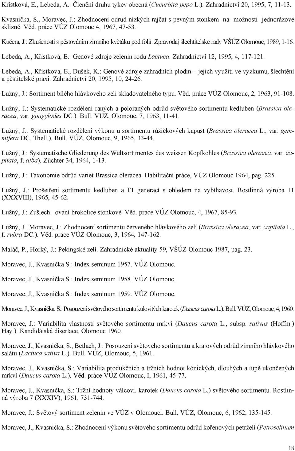 Zpravodaj šlechtitelské rady VŠÚZ Olomouc, 1989, 1-16. Lebeda, A., Køístková, E.: Genové zdroje zelenin rodu Lactuca. Zahradnictví 12, 1995, 4, 117-121. Lebeda, A., Køístková, E., Dušek, K.