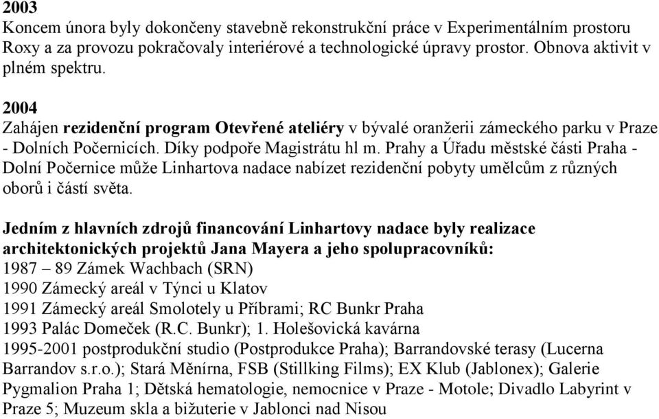 Prahy a Úřadu městské části Praha - Dolní Počernice může Linhartova nadace nabízet rezidenční pobyty umělcům z různých oborů i částí světa.