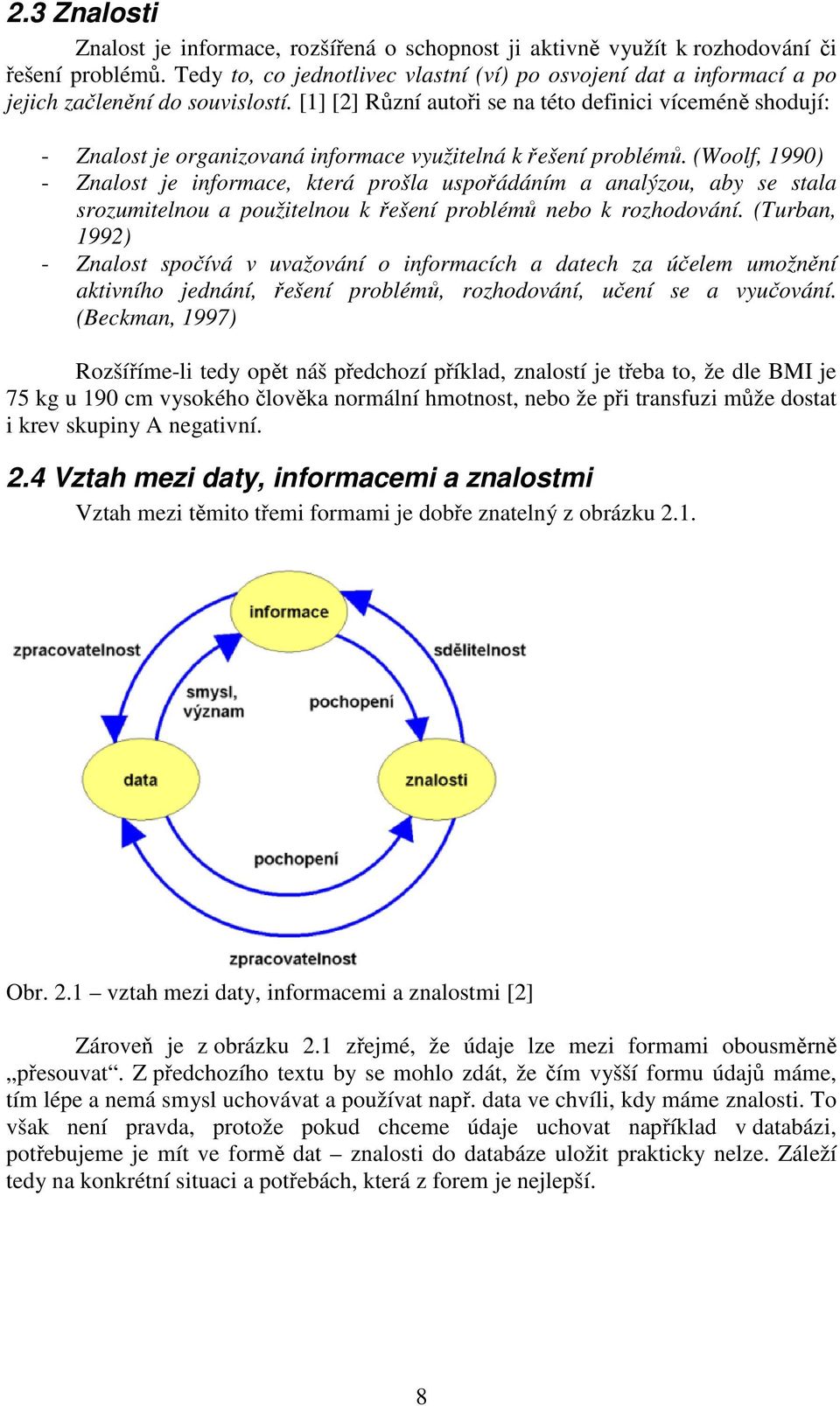 [1] [2] Různí autoři se na této definici víceméně shodují: - Znalost je organizovaná informace využitelná k řešení problémů.