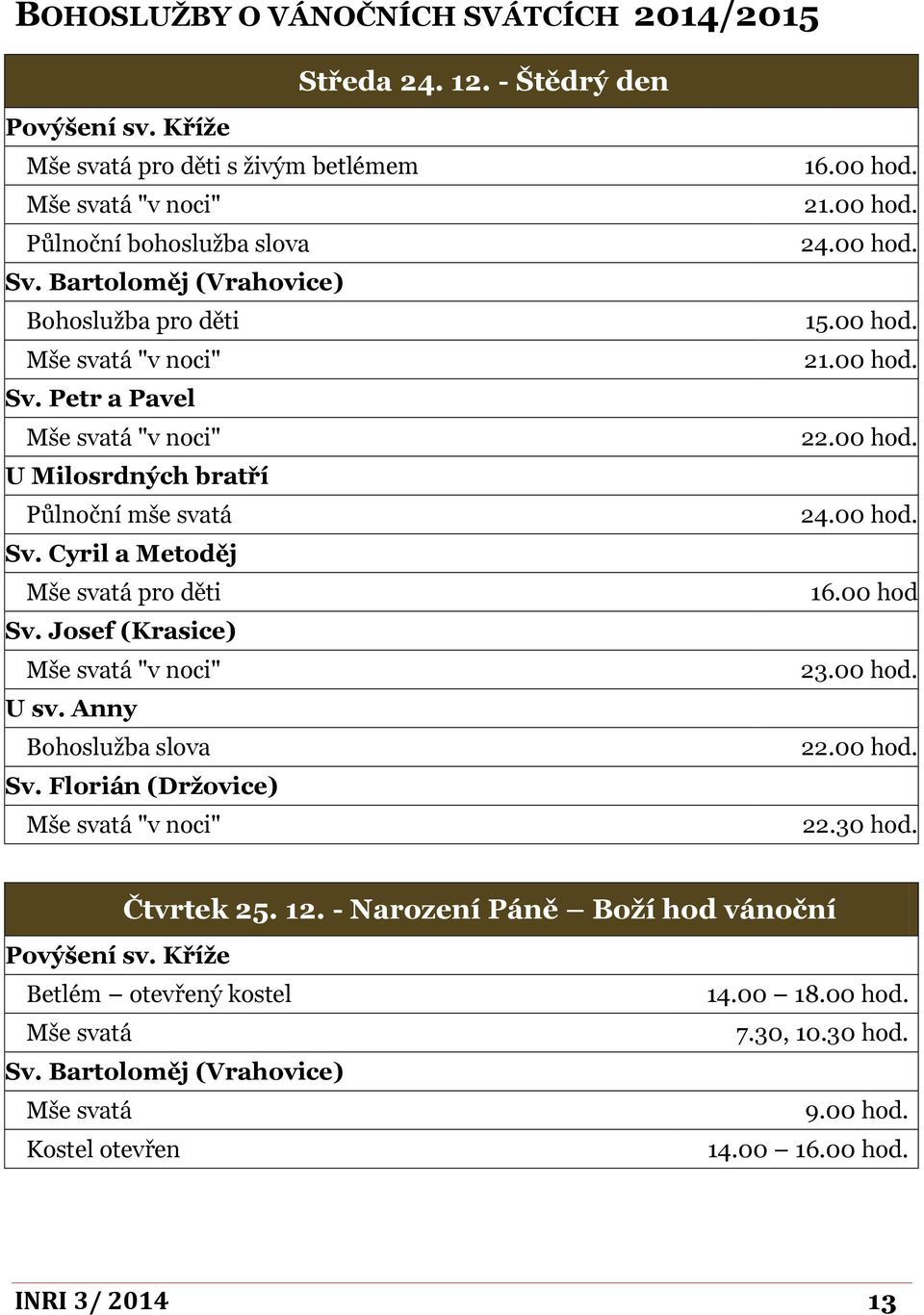 Josef (Krasice) "v noci" U sv. Anny Bohoslužba slova Sv. Florián (Držovice) "v noci" 16.00 hod. 21.00 hod. 24.00 hod. 15.00 hod. 21.00 hod. 22.00 hod. 24.00 hod. 16.00 hod 23.