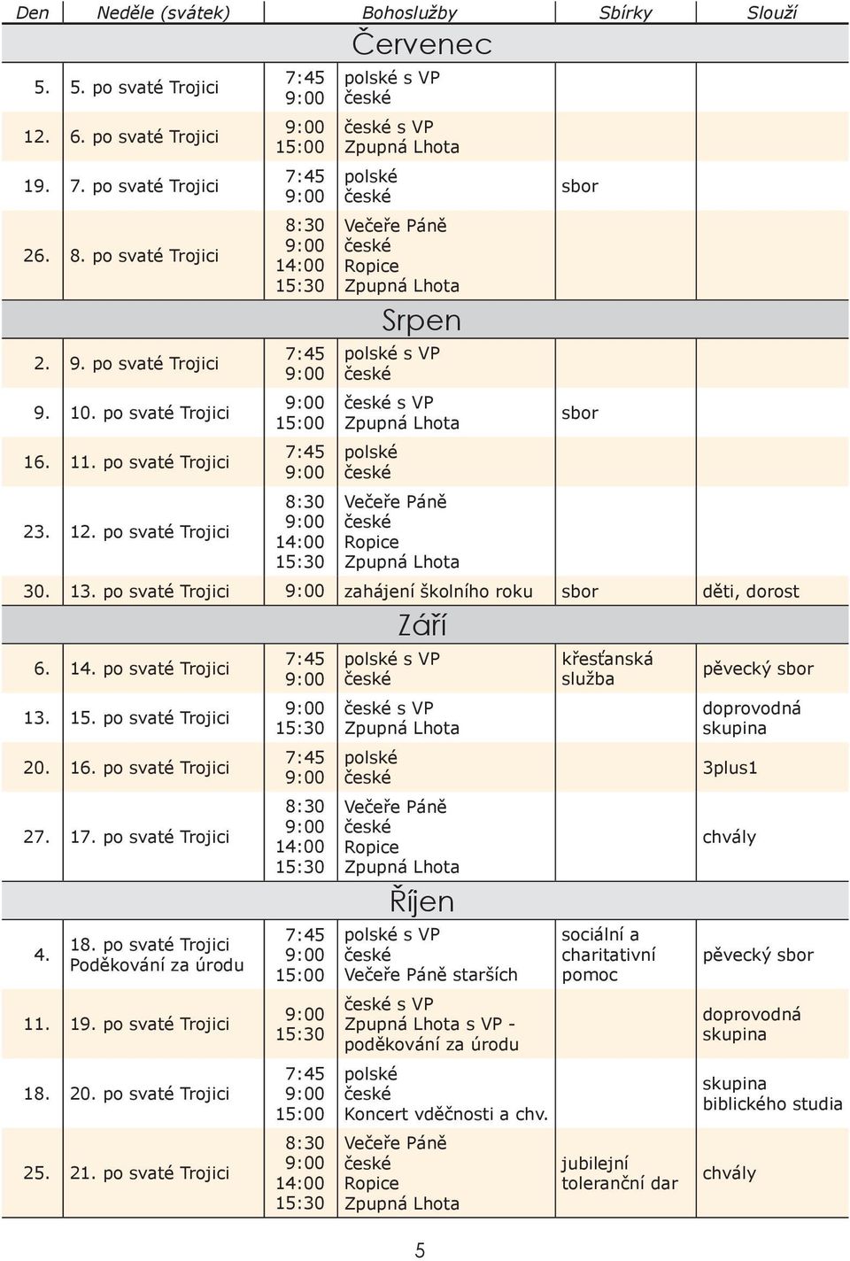 po svaté Trojici křesťanská služba pěvecký 13. 15. po svaté Trojici s VP 20. 16. po svaté Trojici 3plus1 27. 17. po svaté Trojici Říjen 4. 18.