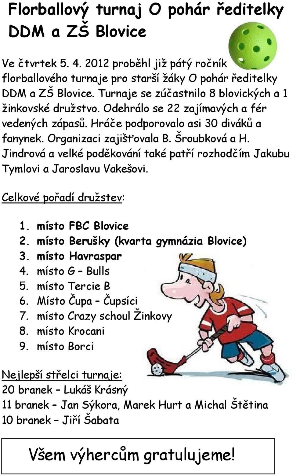 Jindrová a velké poděkování také patří rozhodčím Jakubu Tymlovi a Jaroslavu Vakešovi. Celkové pořadí družstev: 1. místo FBC Blovice 2. místo Berušky (kvarta gymnázia Blovice) 3. místo Havraspar 4.