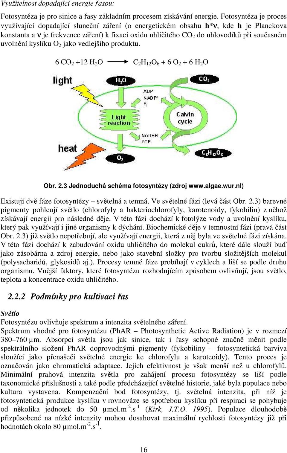 současném uvolnění kyslíku O 2 jako vedlejšího produktu. 6 CO 2 +12 H 2 O C 2 H 12 O 6 + 6 O 2 + 6 H 2 O Obr. 2.3 Jednoduchá schéma fotosyntézy (zdroj www.algae.wur.