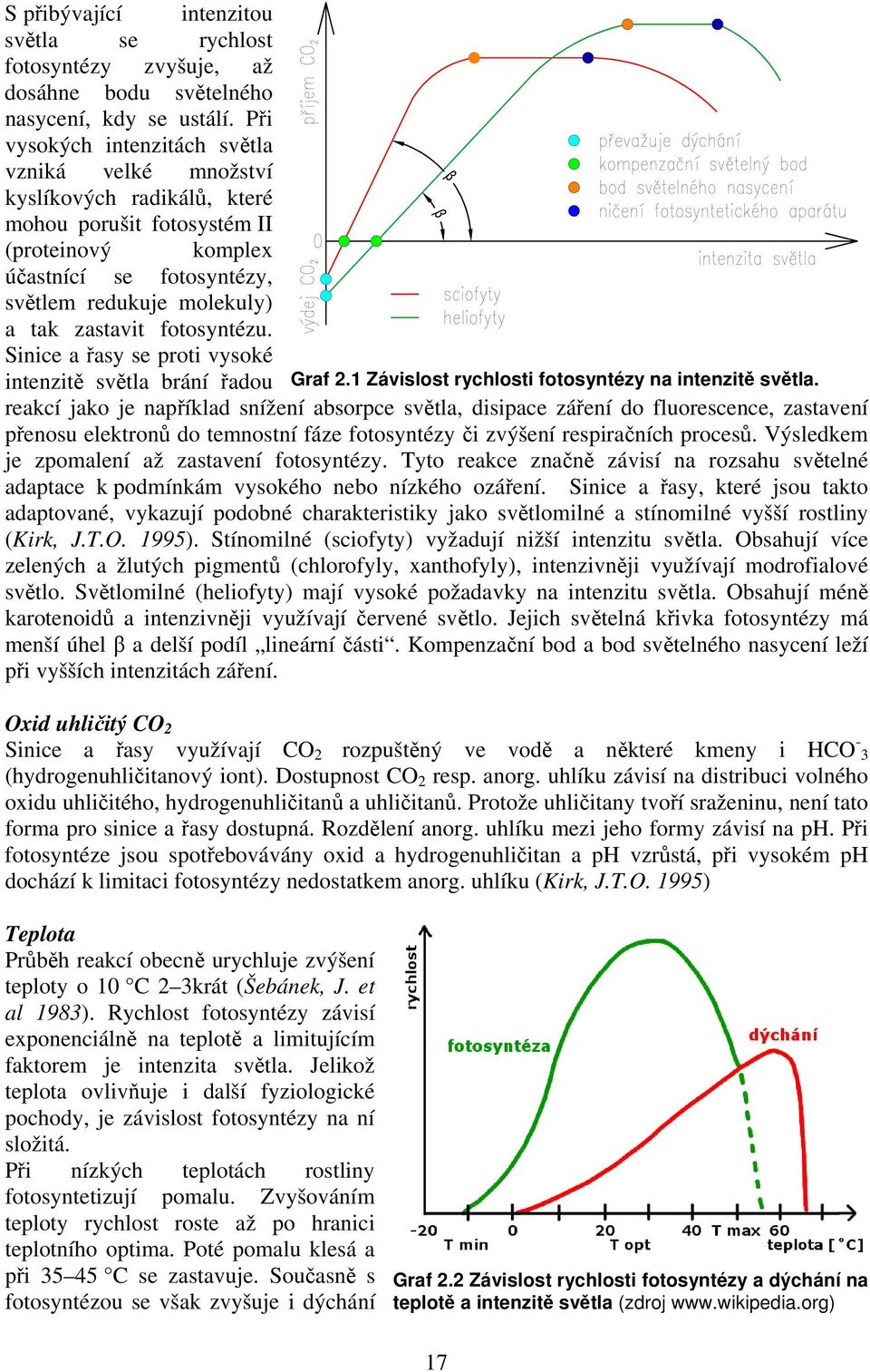 fotosyntézu. Sinice a řasy se proti vysoké intenzitě světla brání řadou Graf 2.1 Závislost rychlosti fotosyntézy na intenzitě světla.