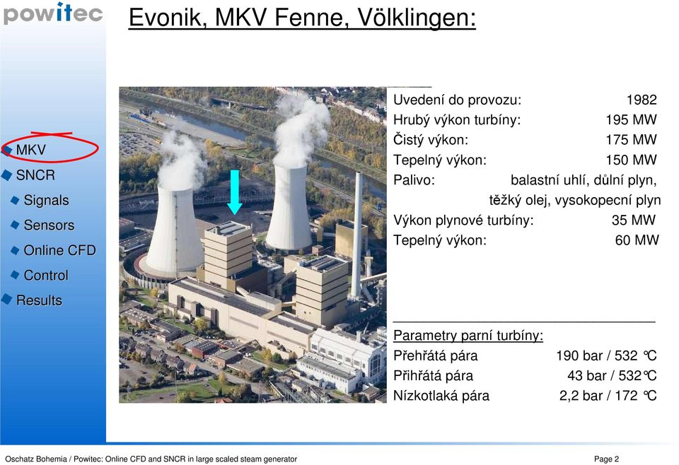 turbíny: 35 MW Tepelný výkon: 60 MW Parametry parní turbíny: Přehřátá pára 190 bar / 532 C Přihřátá pára