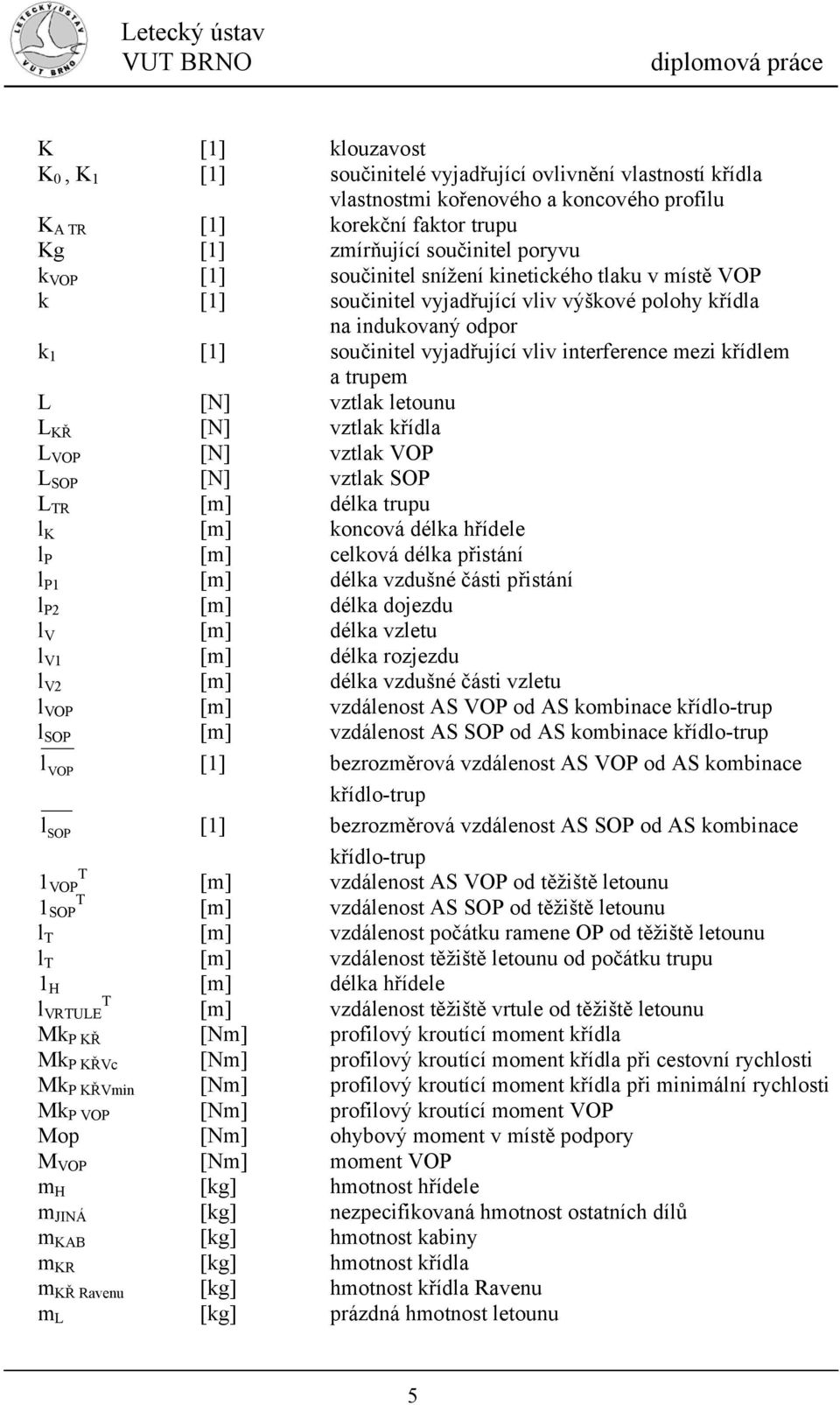vztlak letounu L [N] vztlak křídla L [N] vztlak L OP [N] vztlak OP L R [m] délka trupu l K [m] koncová délka hřídele l P [m] celková délka přistání l P [m] délka vzdušné části přistání l P [m] délka