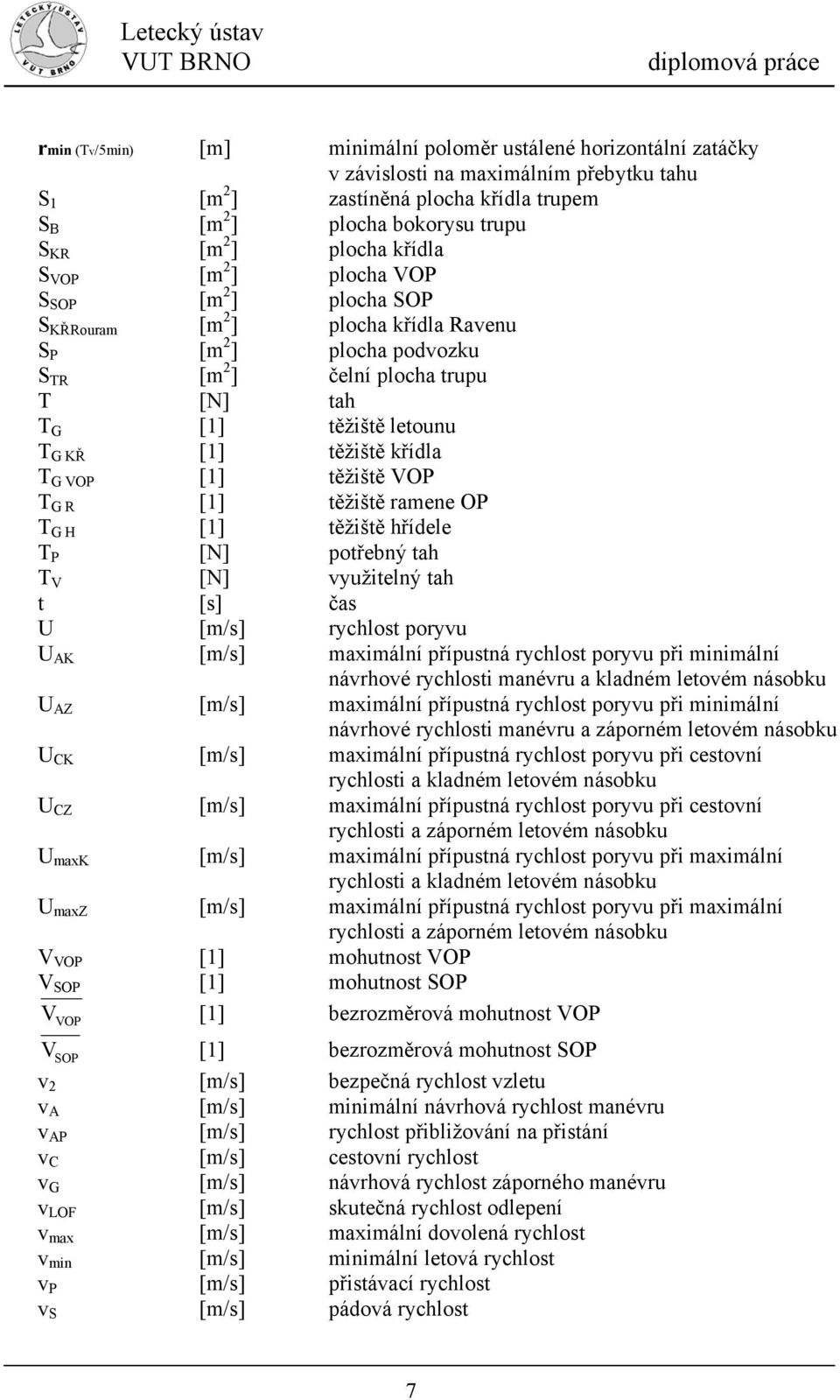 [] těžiště hřídele P [N] potřebný tah V [N] využitelný tah t [s] čas U [m/s] rychlost poryvu U AK [m/s] maximální přípustná rychlost poryvu při minimální návrhové rychlosti manévru a kladném letovém