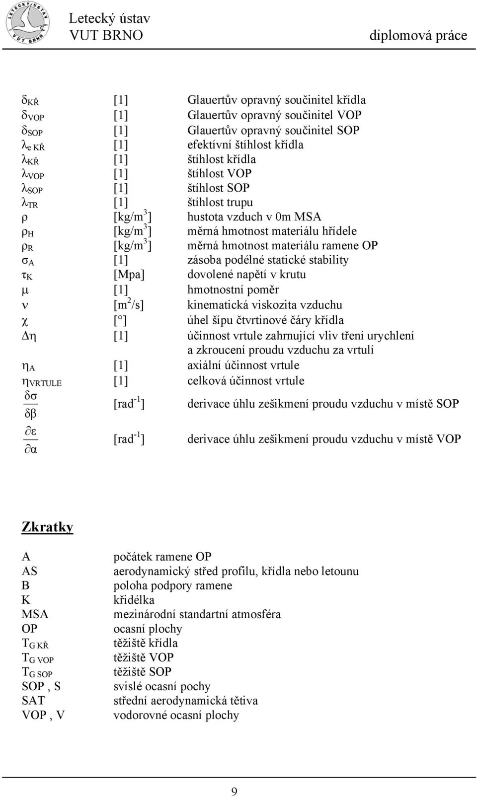 K µ [Mpa] [] dovolené napětí v krutu hmotnostní poměr ν [m /s] kinematická viskozita vzduchu χ η [ ] [] úhel šípu čtvrtinové čáry křídla účinnost vrtule zahrnující vliv tření urychlení a zkroucení