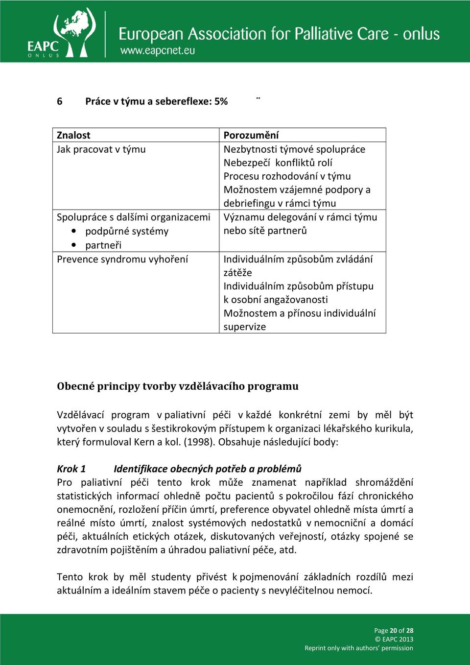 způsobům přístupu k osobní angažovanosti Možnostem a přínosu individuální supervize Obecné principy tvorby vzdělávacího programu Vzdělávací program v paliativní péči v každé konkrétní zemi by měl být