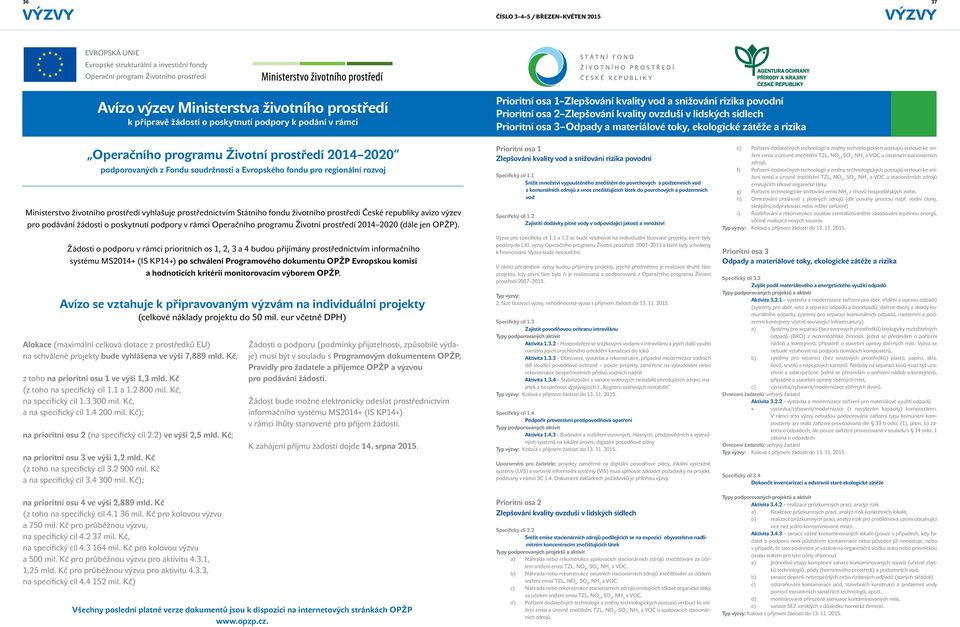 zátěže a rizika Operačního programu Životní prostředí 2014 2020 podporovaných z Fondu soudržnosti a Evropského fondu pro regionální rozvoj Ministerstvo životního prostředí vyhlašuje prostřednictvím