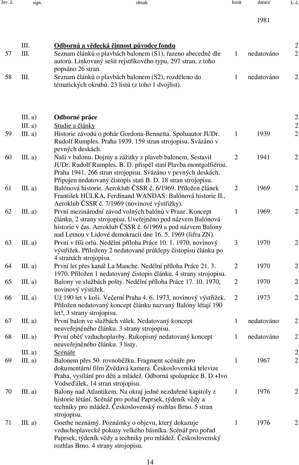 1 nedatováno 2 III. a) Odborné práce 2 III. a) Studie a články 2 59 III. a) Historie závodů o pohár Gordona-Bennetta. Spoluautor JUDr. 1 1939 2 Rudolf Rumples. Praha 1939. 159 stran strojopisu.