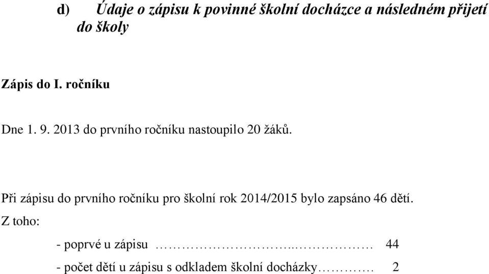 Při zápisu do prvního ročníku pro školní rok 2014/2015 bylo zapsáno 46 dětí.