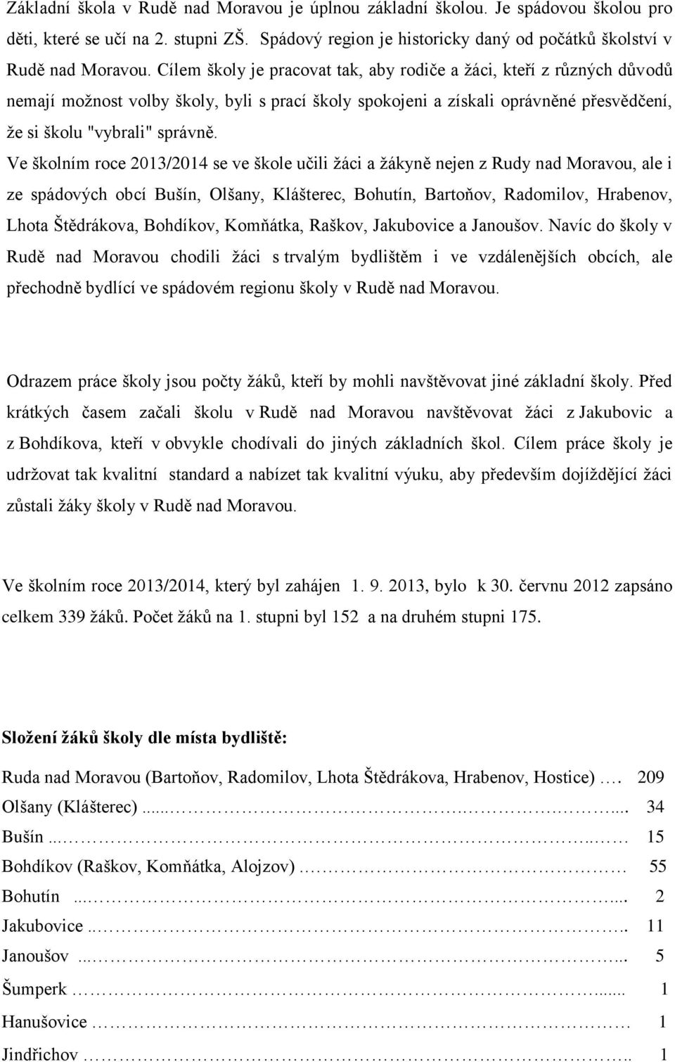 Ve školním roce 2013/2014 se ve škole učili žáci a žákyně nejen z Rudy nad Moravou, ale i ze spádových obcí Bušín, Olšany, Klášterec, Bohutín, Bartoňov, Radomilov, Hrabenov, Lhota Štědrákova,