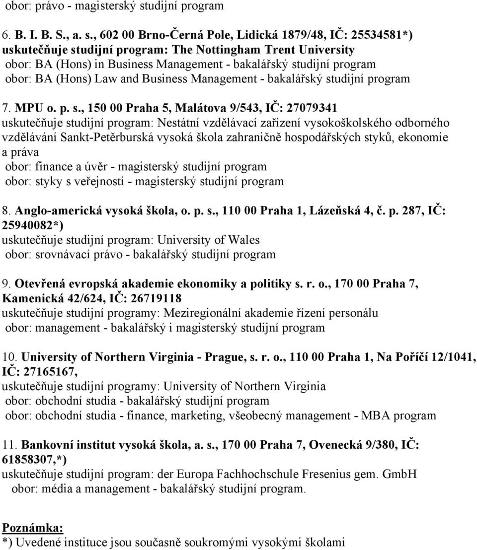 , 602 00 Brno-Černá Pole, Lidická 1879/48, IČ: 25534581*) uskutečňuje studijní program: The Nottingham Trent University obor: BA (Hons) in Business Management - bakalářský studijní program obor: BA