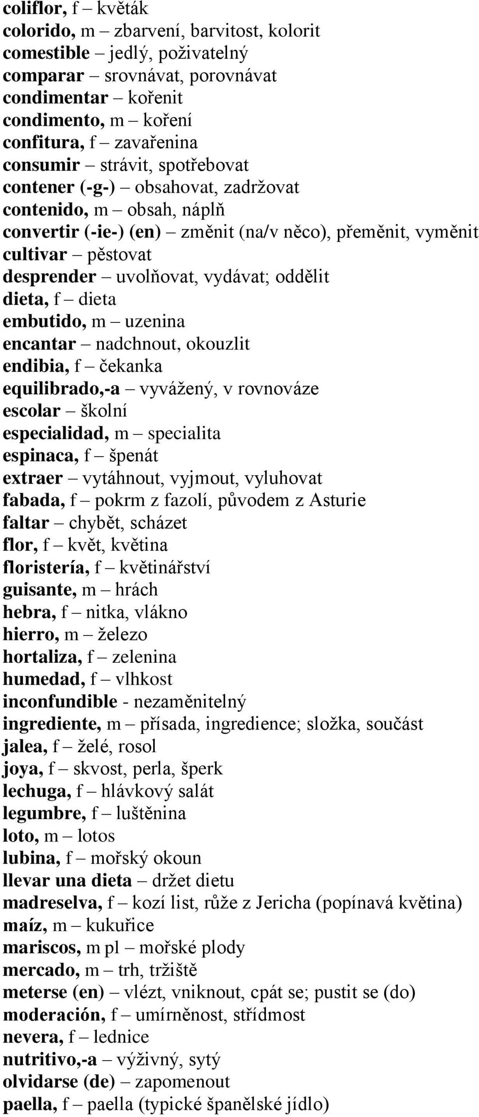 dieta, f dieta embutido, m uzenina encantar nadchnout, okouzlit endibia, f čekanka equilibrado,-a vyvážený, v rovnováze escolar školní especialidad, m specialita espinaca, f špenát extraer vytáhnout,