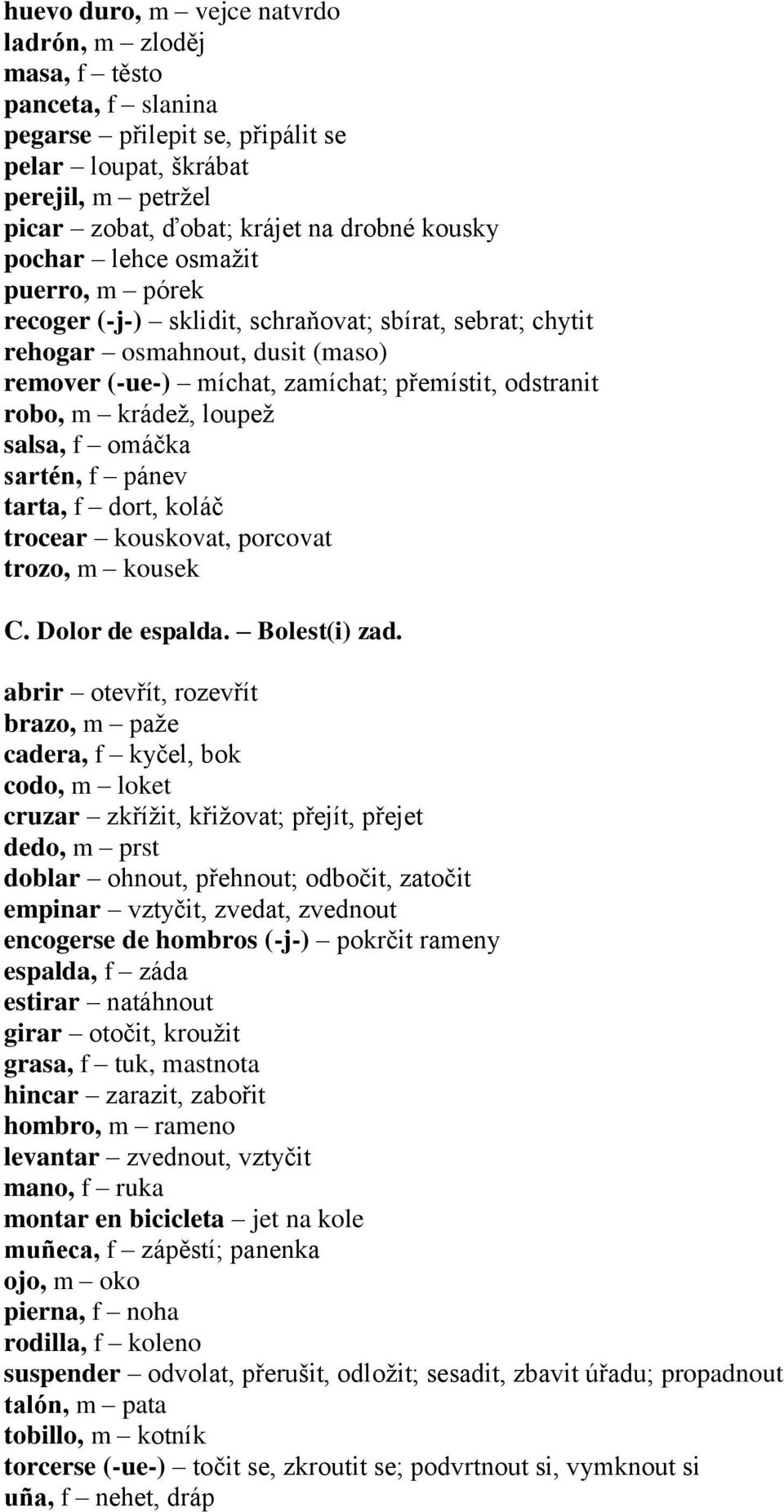 loupež salsa, f omáčka sartén, f pánev tarta, f dort, koláč trocear kouskovat, porcovat trozo, m kousek C. Dolor de espalda. Bolest(i) zad.